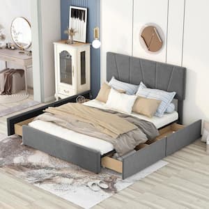 Gray Wood Frame Queen Size Upholstery Platform Bed with 4-Drawers and Adjustable Headboard