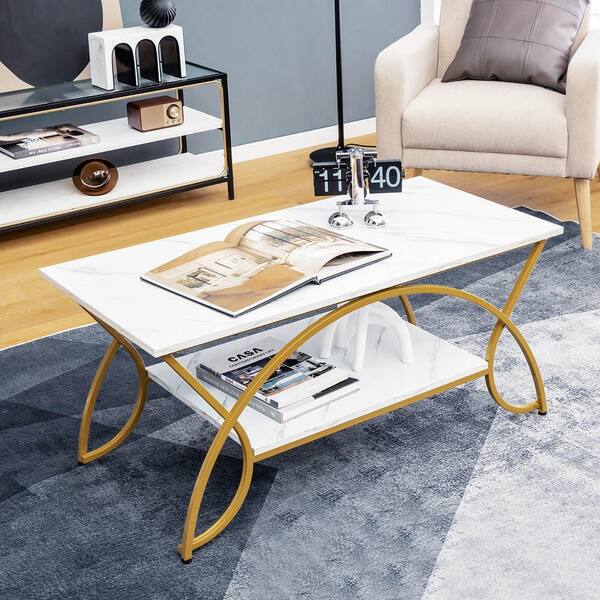 Costway 39.5 in. White Rectangle Wood 2-Tier Coffee Table Modern 