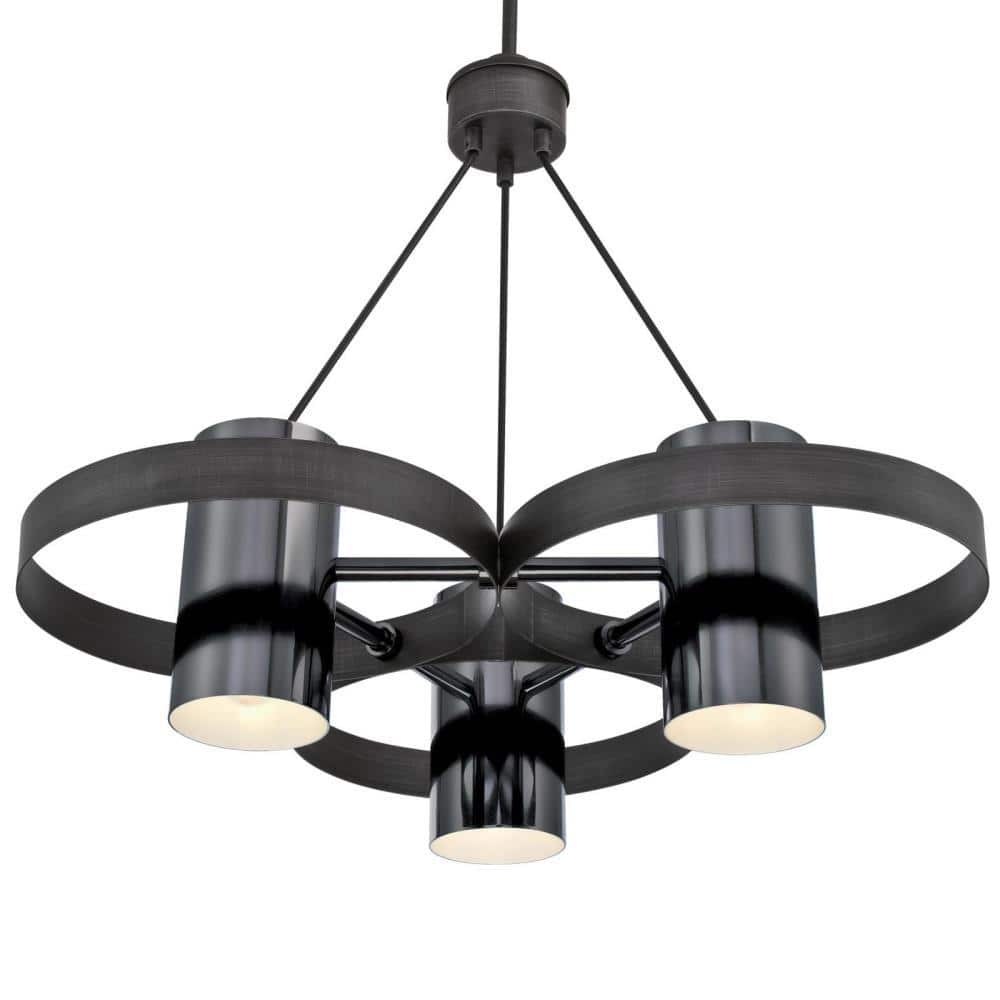 Black Aluminum 3-Light Chandelier with Gun Metal Shades
