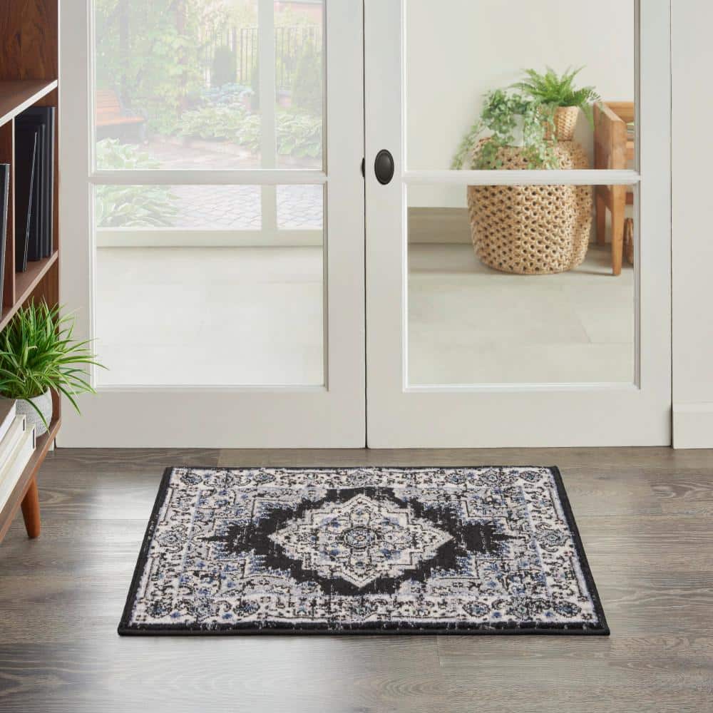 Passion Floral Black and Ivory Easy-Care Area Rug
