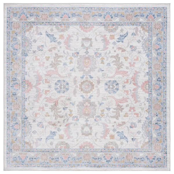 Bayside Beige/Blue 5 ft. x 5 ft. Machine Washable Washable Traditional Floral Square Area Rug
