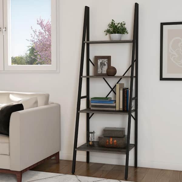 Lavish Home 70.5 in. Gray and Black Wooden 4-Shelf Leaning Ladder Bookcase