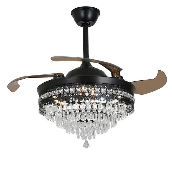 42 in. Indoor Black Modern Retractable and Reversible 6-Speed Crystal Ceiling Fan with 3-Color Integrated LED and Remote
