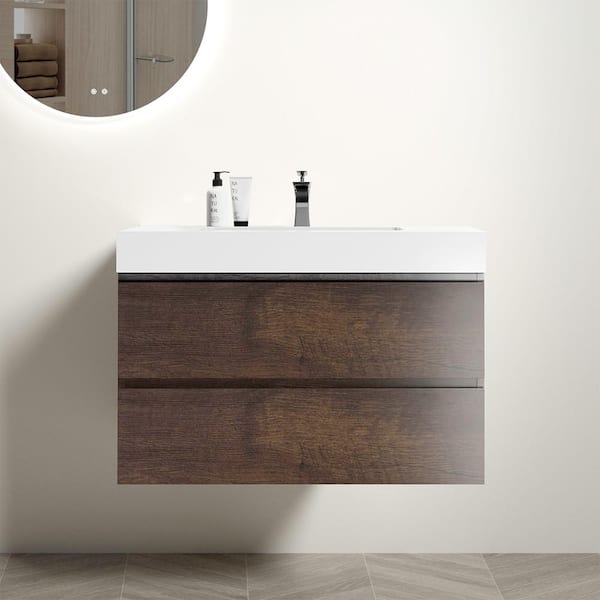 INSTER Noble 36 in. W x 18 in. D x 25 in. H Single Sink Floating Bath Vanity in Wood with White Solid Surface Integral Top