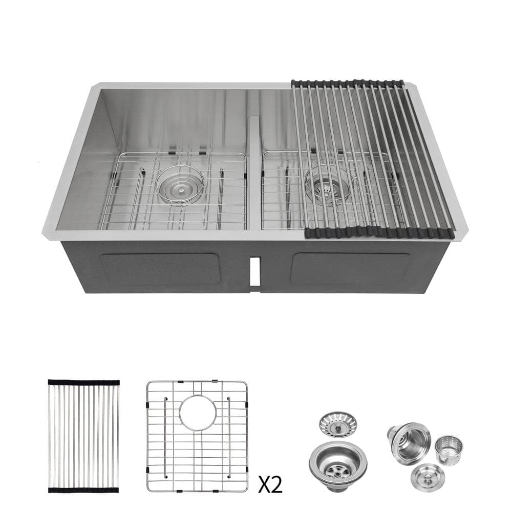 30 in. Undermount Double Bowl 16 Gauge Brushed Nickel Stainless Steel Kitchen Sink with Drain Assembly price history on PriceWatchPro