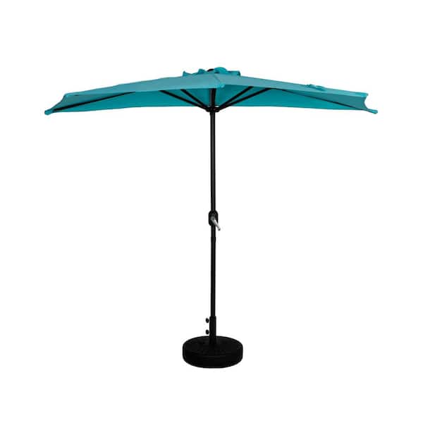 WESTIN OUTDOOR Fiji 9 ft. Turquoise Half Round Outdoor Patio Market Umbrella with Easy Crank Lift and Fillable Black Round Base