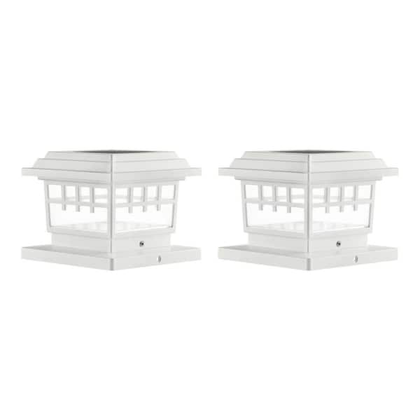 Hampton Bay 3.5 in. x 3.5 in. White Outdoor Solar Post Cap Light with a 5.5 in. x 5.5 in. Adaptor (2-Pack)