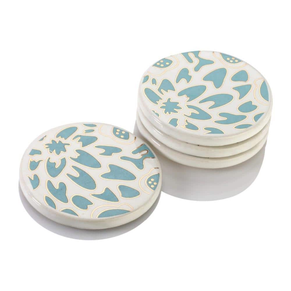 Turquoise and Cowhide Ceramic Car Coasters, Stoneware Cup