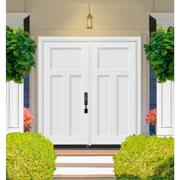 Legacy 72 in. x 80 in. 3 Panel Craftsman LHIS Unfinished White Fiberglass Double Prehung Front Door with 4-9/16 Jamb