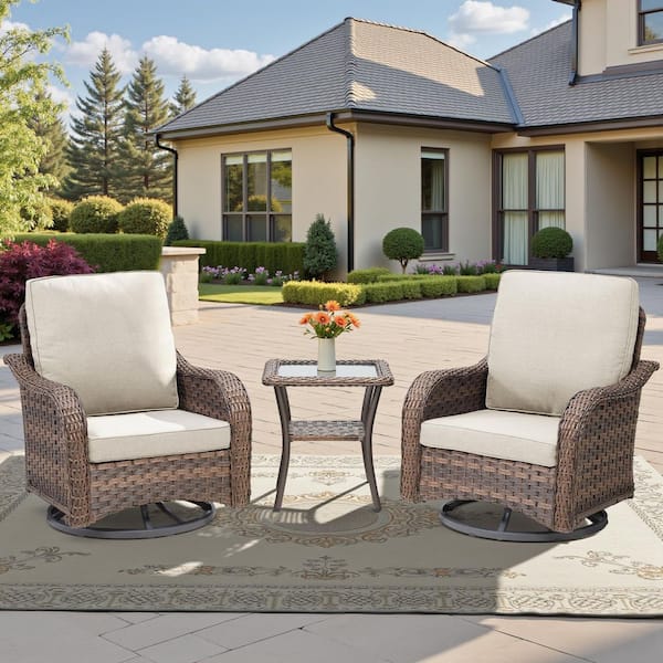3-Piece Patio Wicker Outdoor Rocking Chair with 360° Arbitrary Rotation, Equipped with a table and Beige Cushions