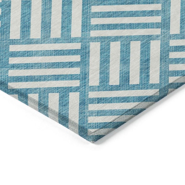 Teal Blue, Ivory 10 ft. x 14 ft. Woven Geometric Polyester Rectangle Indoor/Outdoor Area Rug