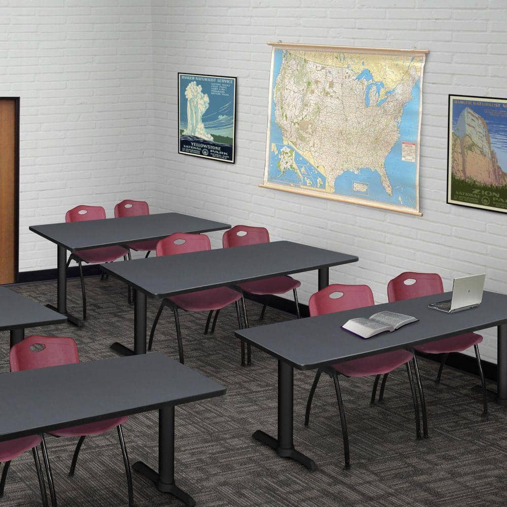 Cain 72 in. x 24 in. Grey T-Base Training Seminar Table Desk and 2-M Stack Chairs-Burgundy