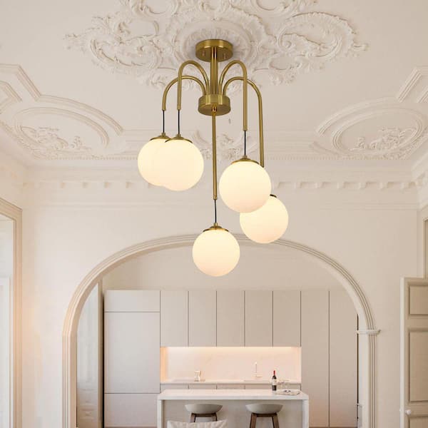 Modern 17.76 in. 5-Light Gold Semi-Flush Mount with Globe Glass Shade