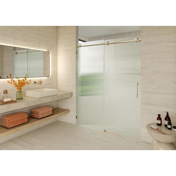 Glass Warehouse Galaxy 56 in. To 60 in. W x 78 in. H Frameless Sliding Shower Door in Brushed Bronze with Fluted Glass