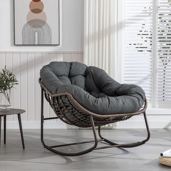 Rattan Metal Outdoor Rocking Chair with Gray Padded Cushion Lounge Chair for Front Porch, Patio, Garden, Living Room