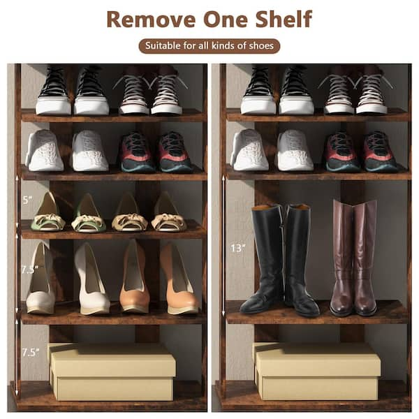 Costway 5-Tier Wood Shoe Rack Solid Acacia Wood Shoe Shelf with Side Metal  Hooks