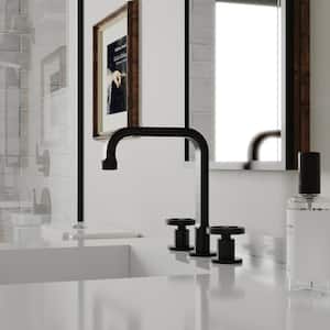 Industry Style 8 in. Widespread Double Handle High-Arc Bathroom Faucet Water-Saving With Drain Kit in Matte Black