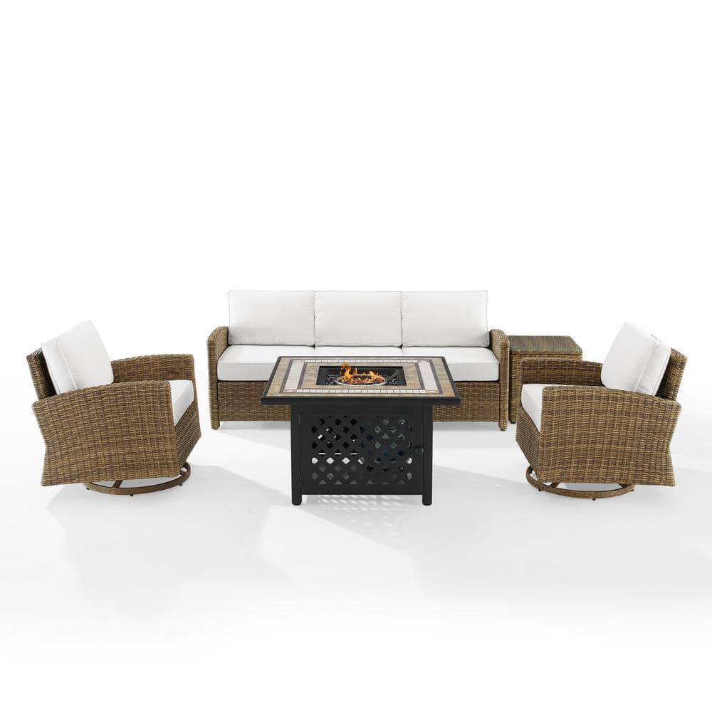 Bradenton 5Pc Outdoor Sofa Set with Swivel Rockers & Fire Table in Sunbrella White