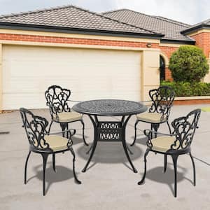 Lily Black 5-Piece Cast Aluminum Outdoor Dining Set with Round Table and Dining Chairs with Random Color Cushion