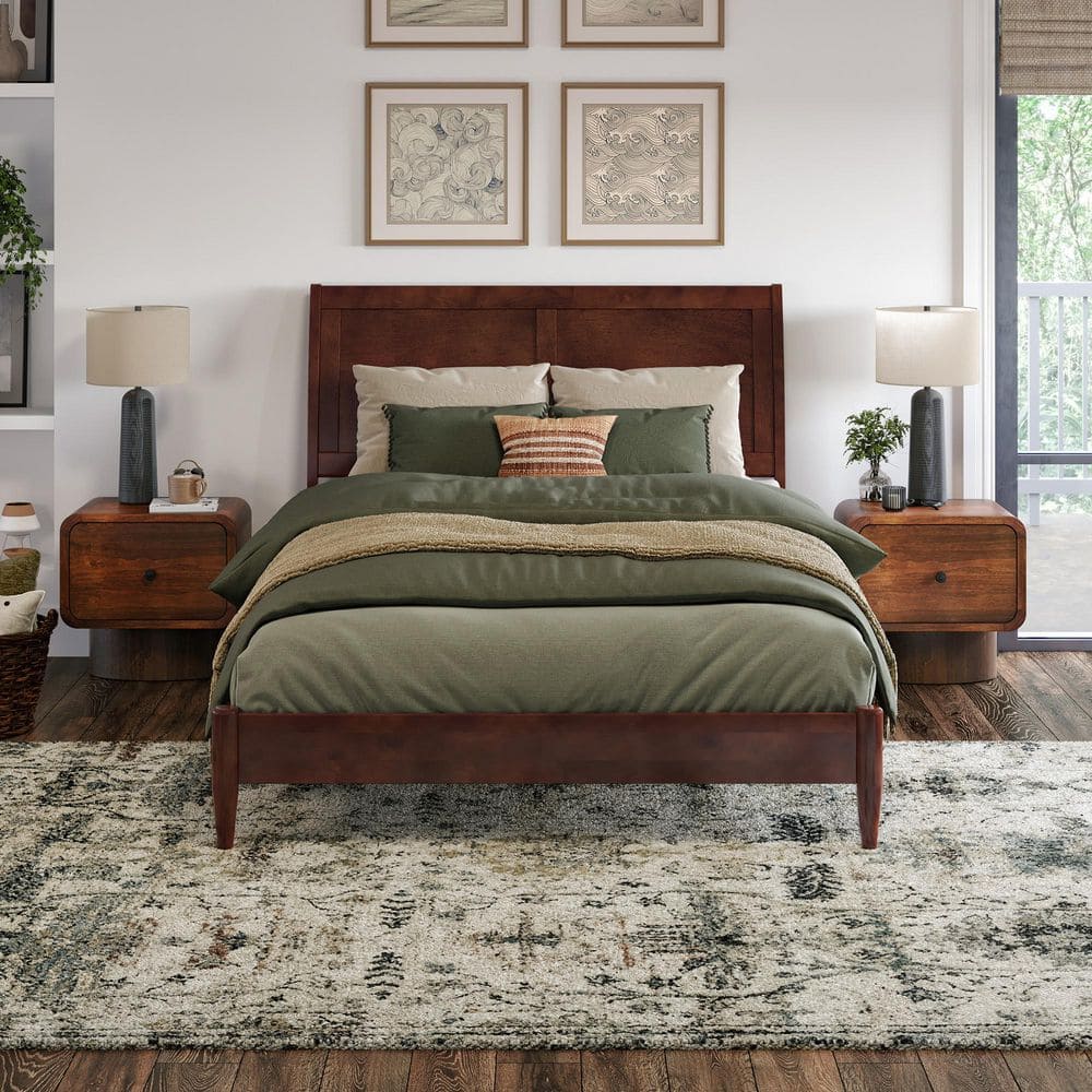 Valencia Walnut Full Sleigh Wood Platform Bed with Slats