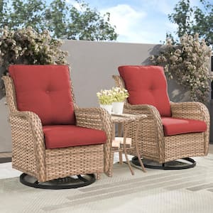 ArcoBay 3-Piece Yellow Wicker Outdoor Swivel Rocker Patio Chairs Patio Conversation Set with Olefin Red Cushions