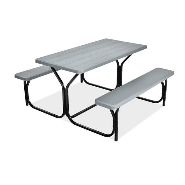 54 x 59 Steel Frame Plastic Picnic Table Bench Set Wood-Like Texture All Weather Heavy Duty Outdoor Dining Grey