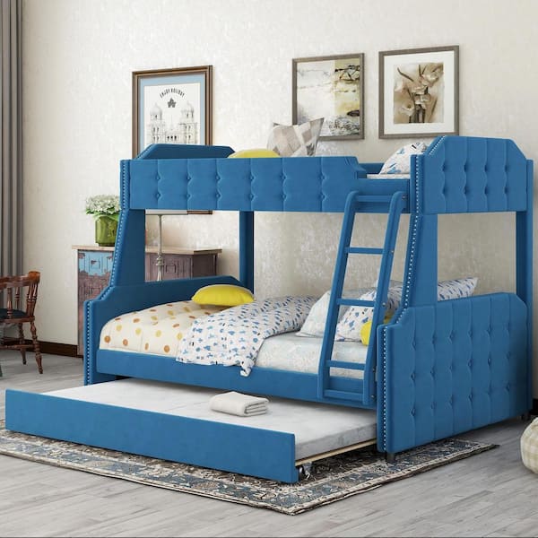 Full Upholstered Bunk Bed With Trundle, Blue Bunk Beds With Trundle