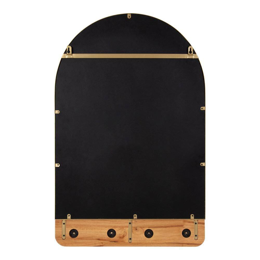 Schuyler Arched 20x31 Natural Wood & Gold Wall Mirror with Hooks