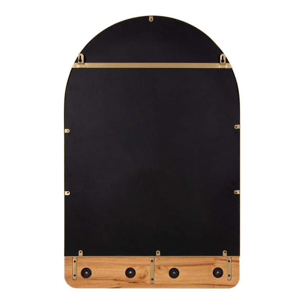 Schuyler Arched 20x31 Natural Wood & Gold Wall Mirror with Hooks