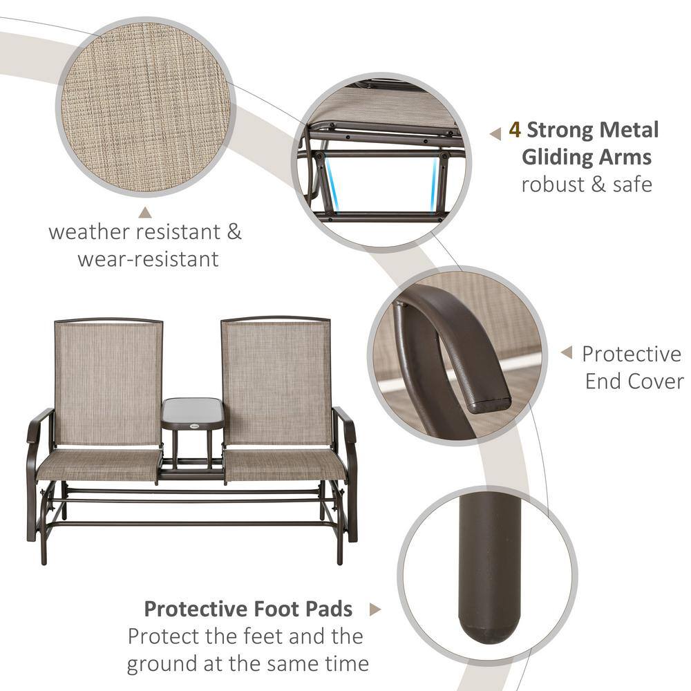 Brown Steel 2-Person Outdoor Glider Bench with Center Table