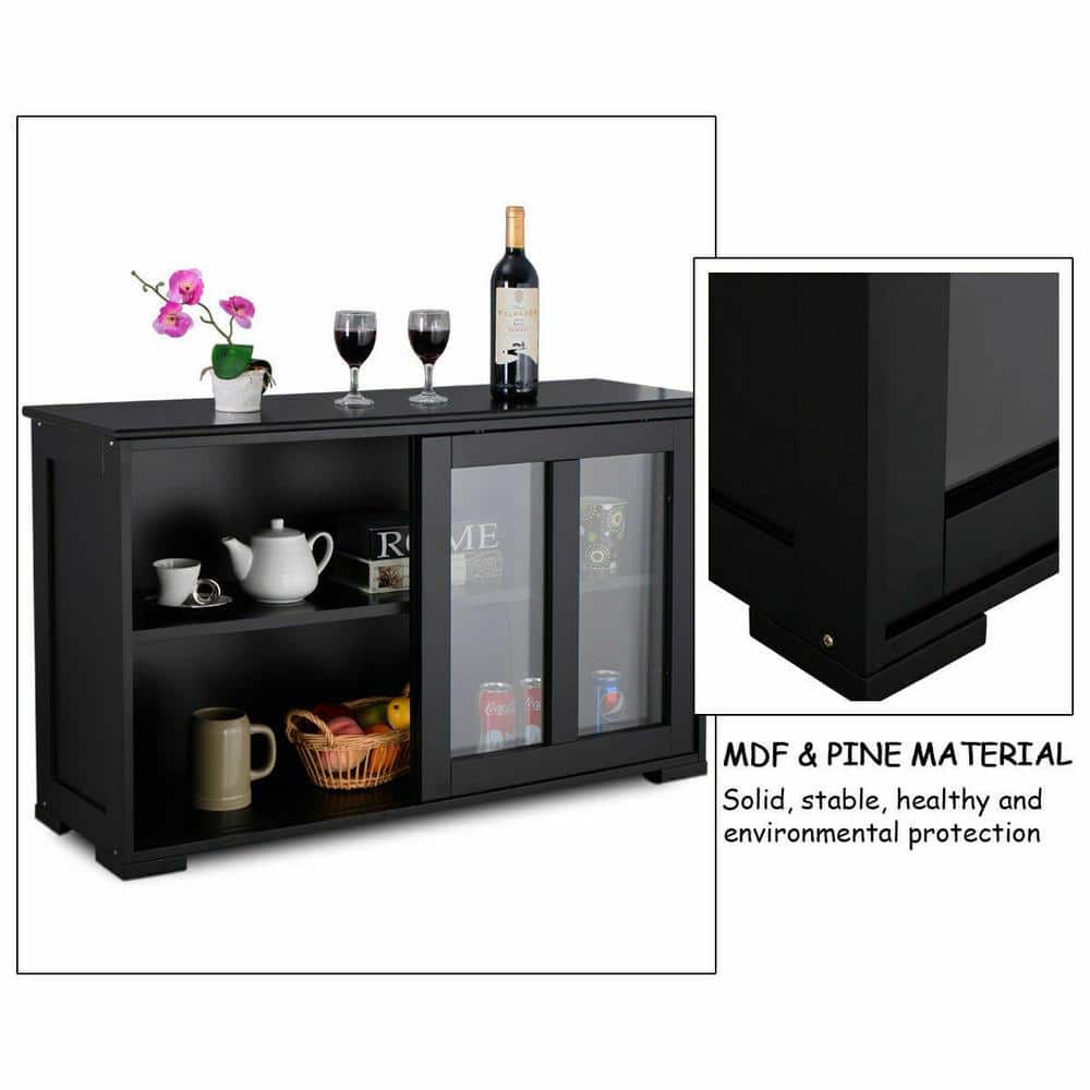 Black MDF and Glass Sliding Door Sideboard Cabinet