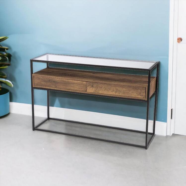 HomeRoots 53 in. Black Rectangle Glass Console Table with Storage
