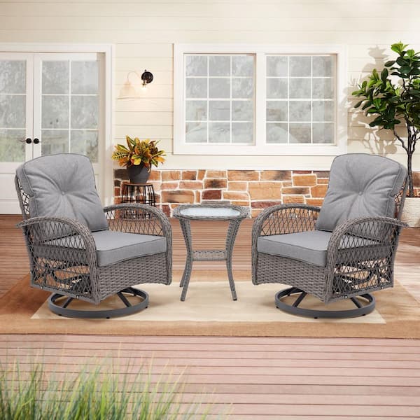 Harper & Bright Designs Gray Wicker and Black Steel Outdoor 360-Degree Swivel Rocking Chairs with Table and Gray Cushions (2-Pack)