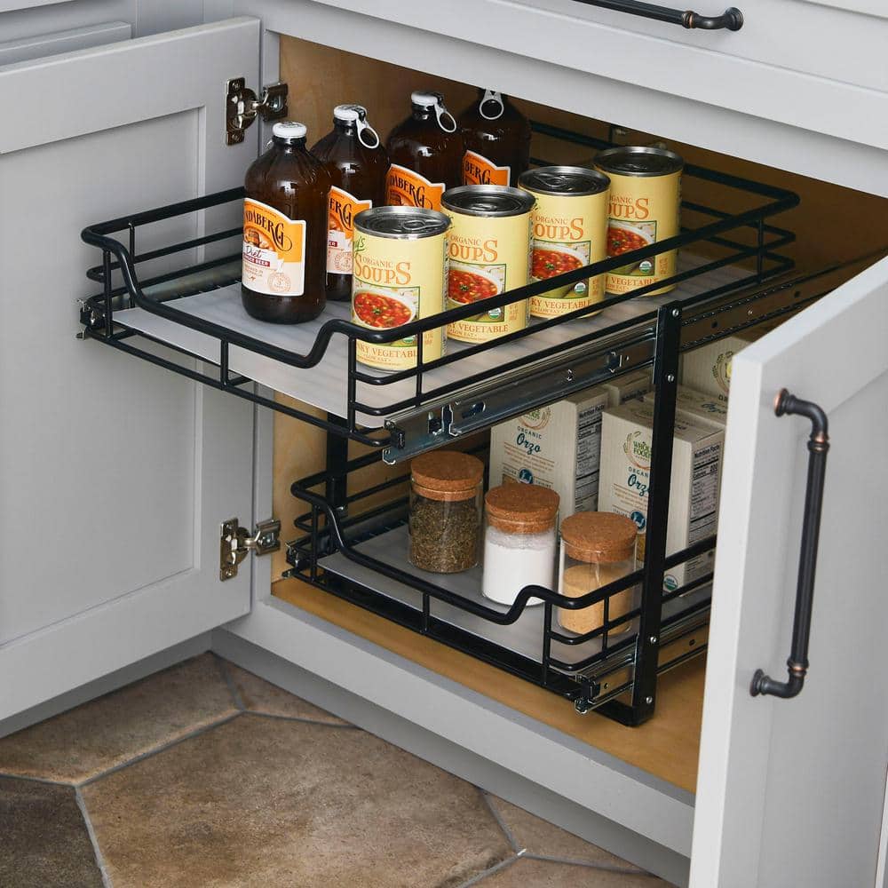 Black Dual-Slide 2-Tier Steel Storage Organizer with Plastic Liners