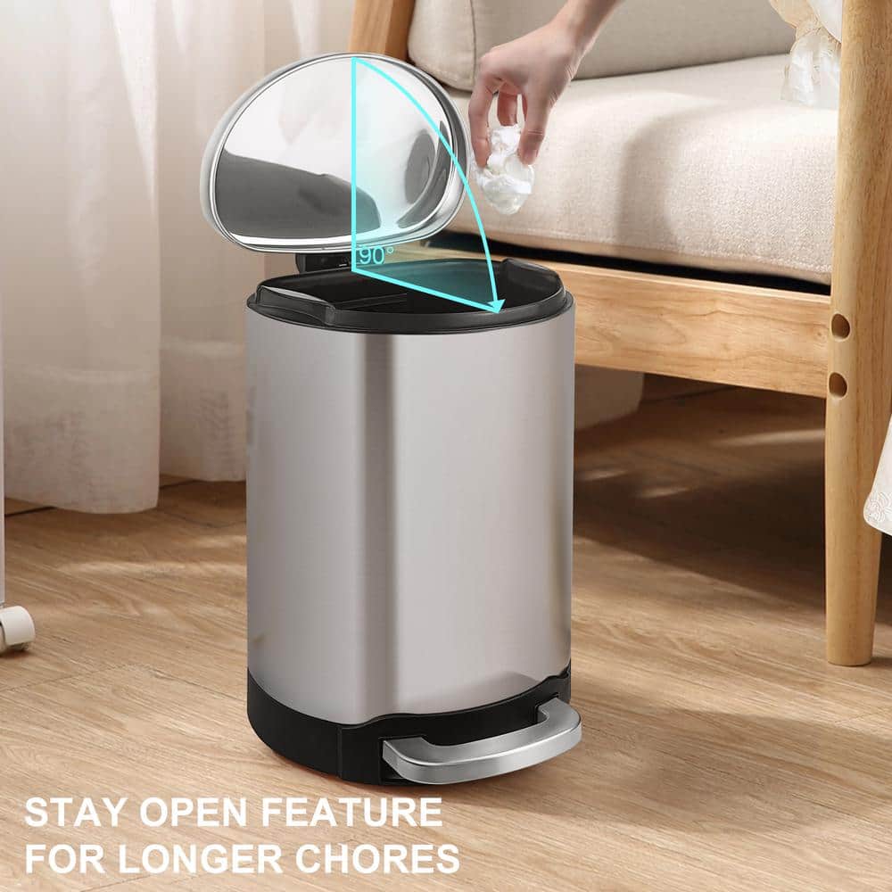 1.6 Gallon Brushed Stainless Steel Semi-Round Step-On Trash Can