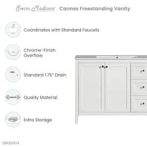 Cannes 48 in. Single, 2 Doors, 3 Drawers, Bathroom Vanity in White with White Countertop with White Basin