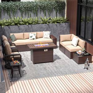 10-Piece Outdoor Rattan Wicker Patio Conversation with Fire Pit Table Swivel Chairs Beige Cushions