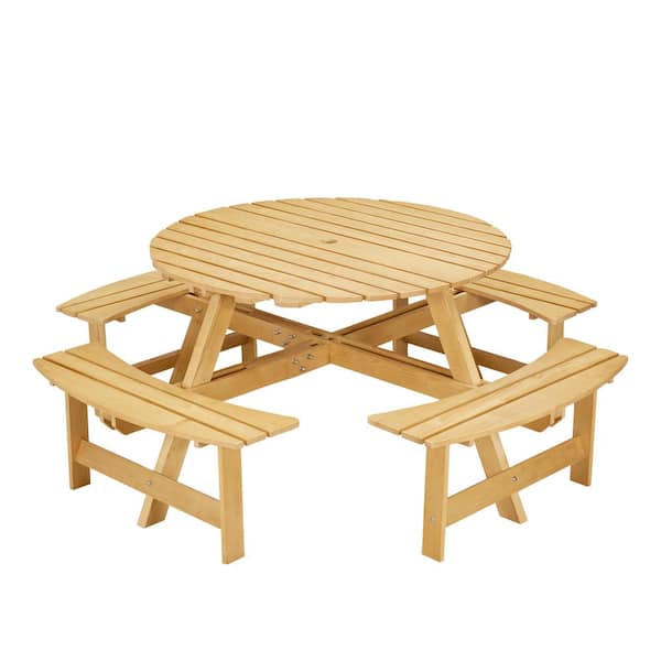 8-Person Outdoor Round Picnic Table Set with 4 Built-in Benches & Umbrella Hole, Natural Wood