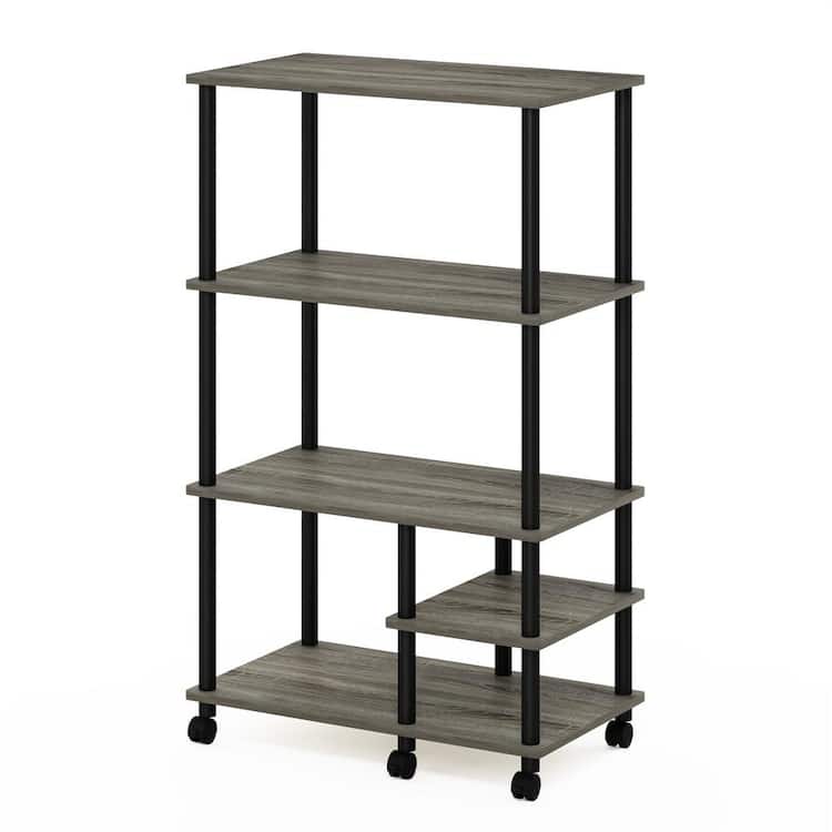 Furinno Turn-N-Tube 4-Tier French Oak Grey and Black Kitchen Storage Shelf Cart with Casters