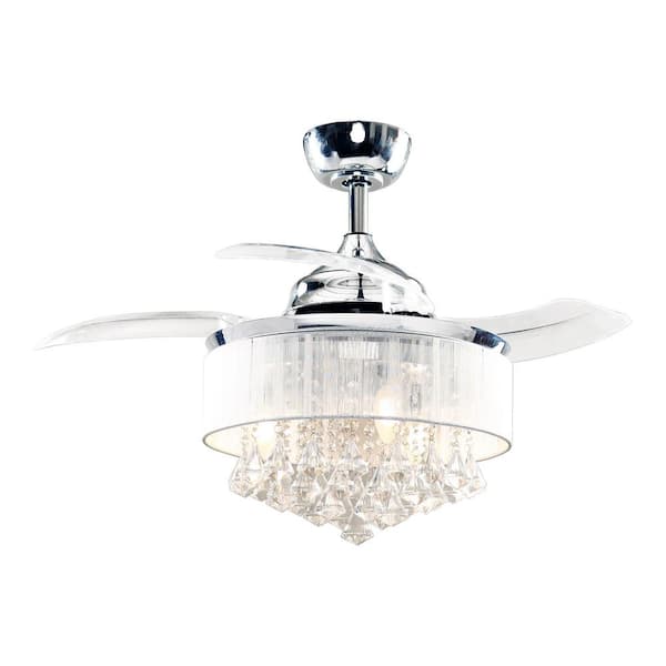 Parrot Uncle Heatherly 36 in. Chrome Retractable Crystal Ceiling Fan Chandelier with Light Kit and Remote Control
