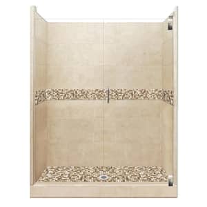 Roma Grand Hinged 32 in. x 36 in. x 80 in. Center Drain Alcove Shower Kit in Brown Sugar and Satin Nickel Hardware