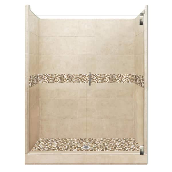 American Bath Factory Roma Grand Hinged 36 in. x 42 in. x 80 in. Center Drain Alcove Shower Kit in Brown Sugar and Satin Nickel Hardware