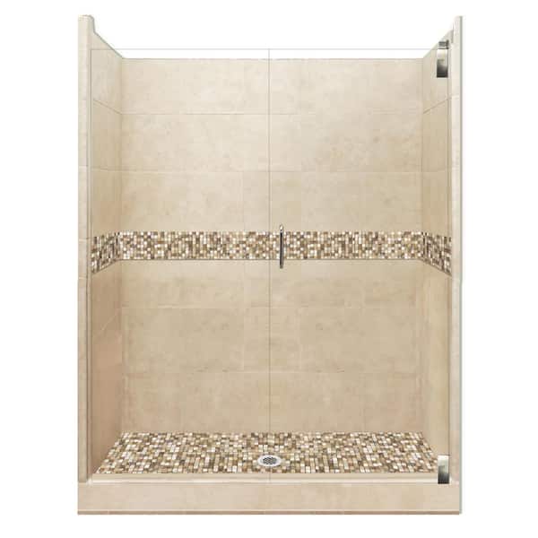 American Bath Factory Roma Grand Hinged 36 in. x 60 in. x 80 in. Center Drain Alcove Shower Kit in Brown Sugar and Satin Nickel Hardware