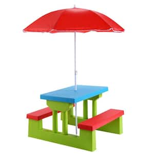 Kids Rectangualr Plastic Outdoor Picnic Table with Bench and Umbrella
