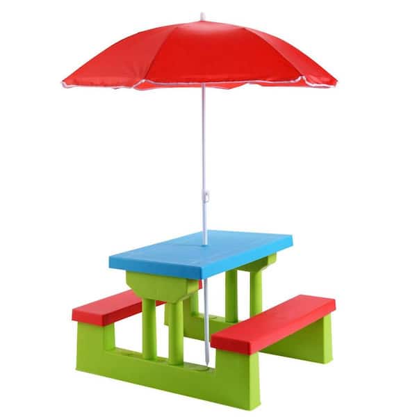 Unbranded Kids Rectangualr Plastic Outdoor Picnic Table with Bench and Umbrella