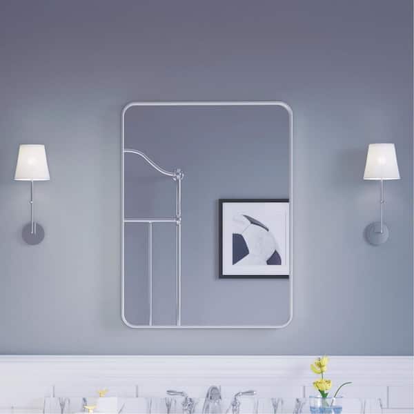 32 in. W x 24 in. H Rectangular Aluminum Framed Modern Silver Rounded Wall Mirror