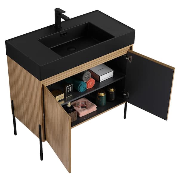 Crownpoint 36 in. Freestanding Single Bright Oak Bathroom Vanity with Black Acrylic Sink Top Unassembled