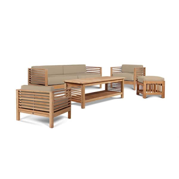 Unbranded Sylvie 5-Piece Teak Patio Conversation Deep Seating Set with Subrella Fawn Cushions