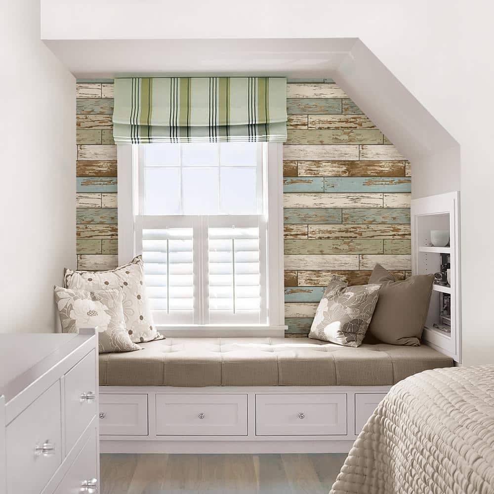 Vintage Turquoise and Beige Wood Peel and Stick Wallpaper