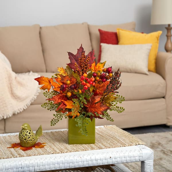 Nearly Natural 17 in. Maple Leaf, Berries and Maiden Hair Artificial  Arrangement in Green Vase A1466 - The Home Depot